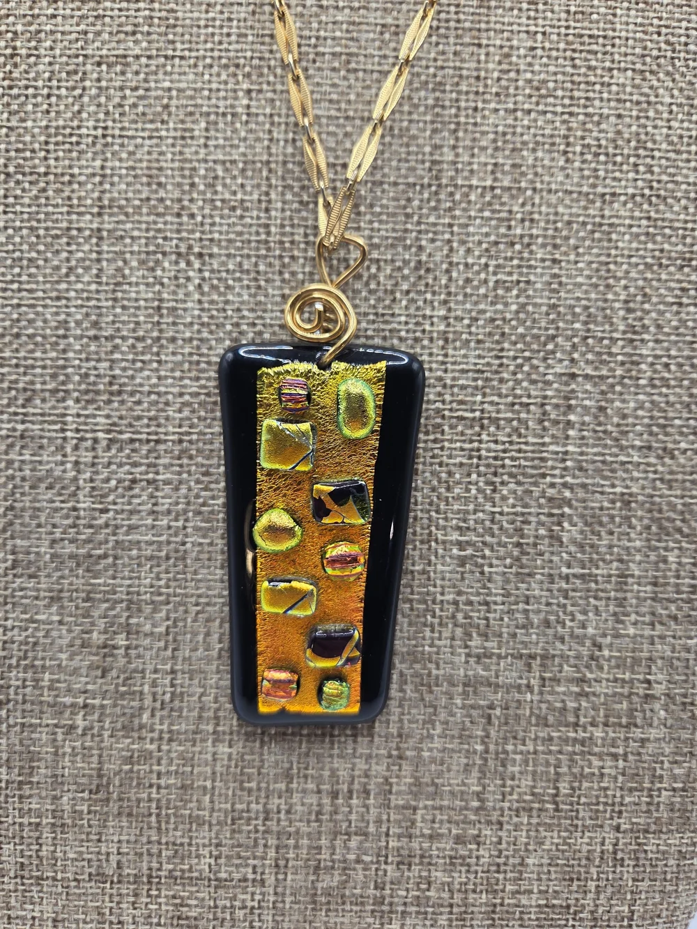 1600. Gold Tone and Black Fused Dichroic Glass Pendant Necklace